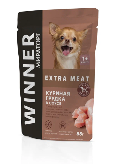 Мираторг Виннер корм для взрос. собак мелких пород с чувст. пищевар. Куриная груд. в соусе 85г пауч