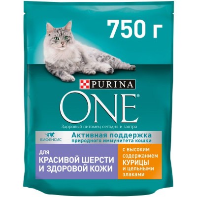 PURINA ONE Корм сухой д/домашних кошек для красивой шерсти 750гр