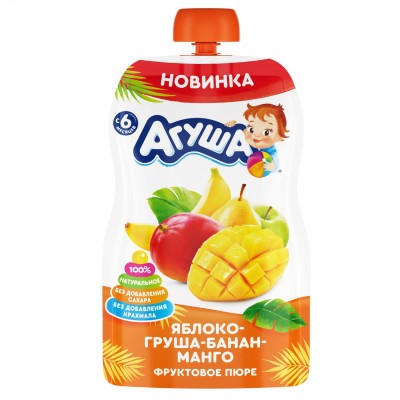 Пюре Агуша Яблоко, груша, банан, манго 90гр пауч пак