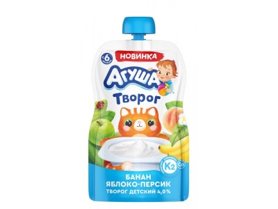 БЗМЖ Творог Агуша Банан-яблоко-персик 4% 80гр пауч