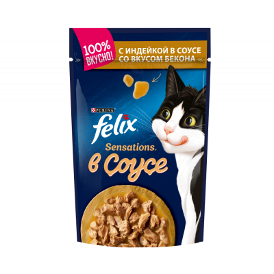 FELIX Sensations Корм для кошек индейка в соусе со вкусом бекона 75гр пауч