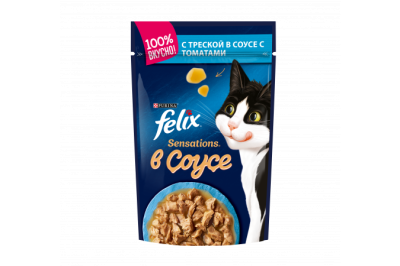 FELIX Sensations Корм для кошек треска в соусе с томатами 75гр пауч