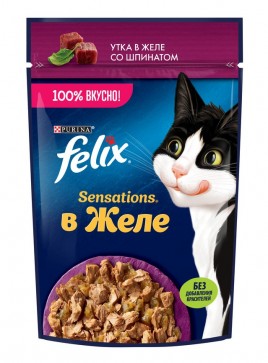 FELIX Sensations Корм для кошек утка в желе со шпинатом 75гр пауч